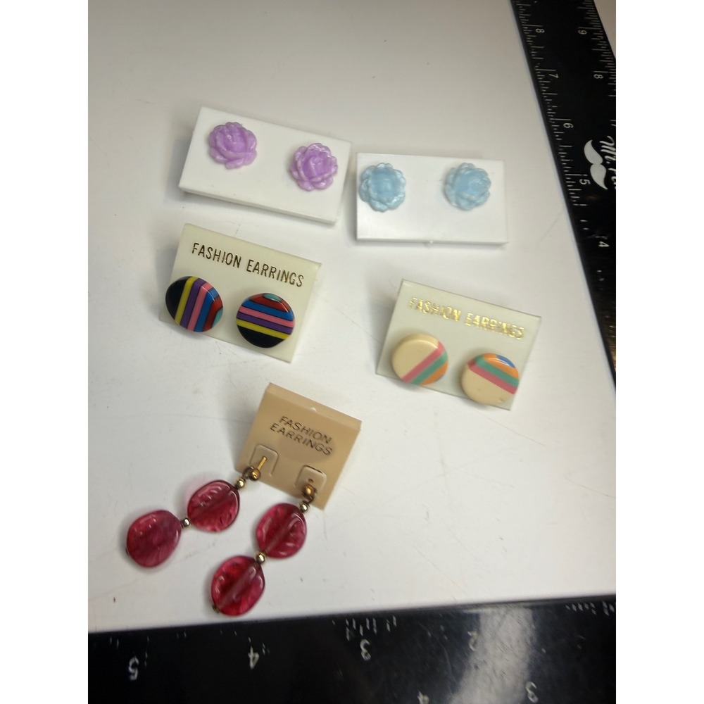 Lot of 5 Vintage Fashion Earrings Studs Dangles Rose Stripes Hong Kong Deadstock